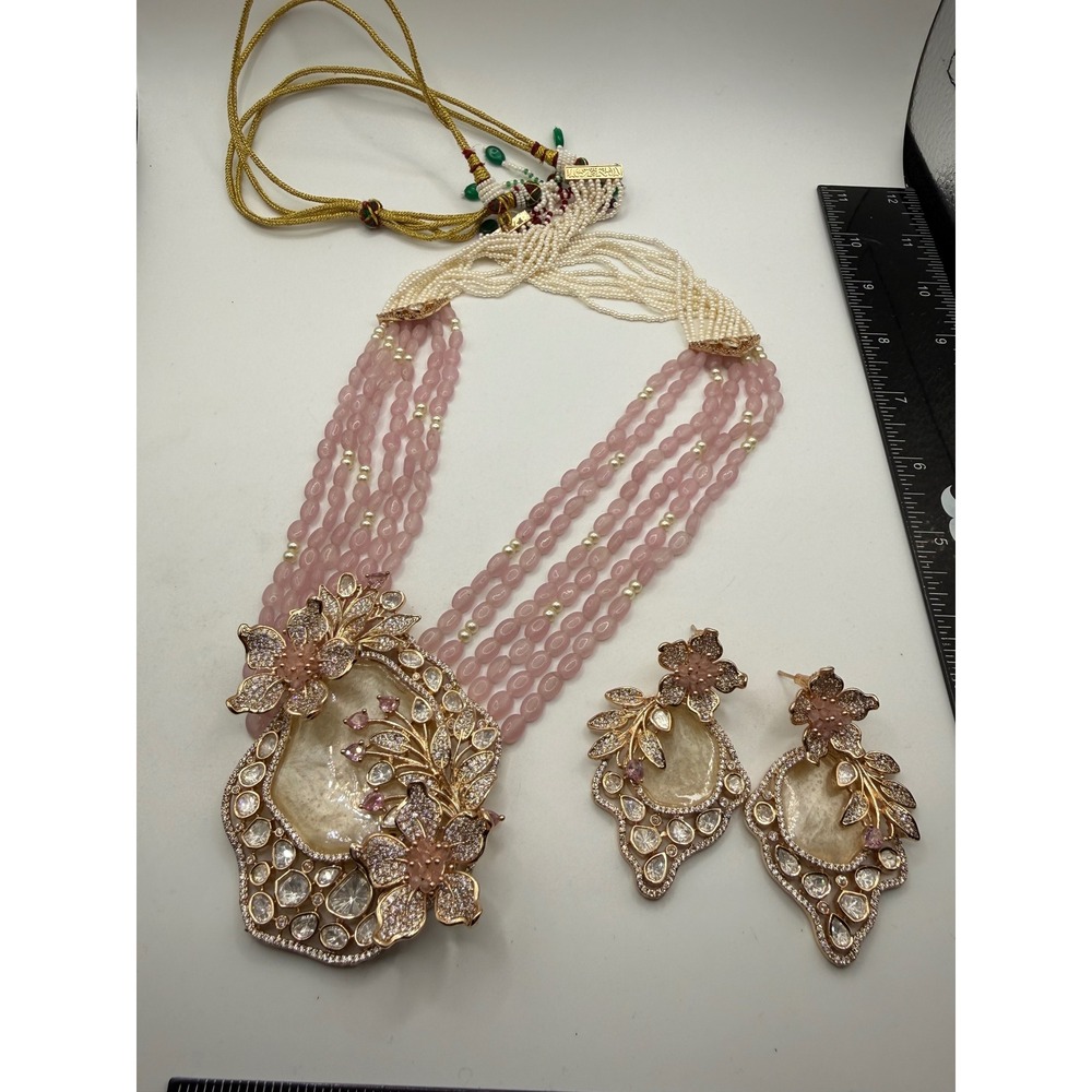 Indian Bridal Jewelry Set Pink Bead White Pearl Polki Pendant Earrings Gold Tone